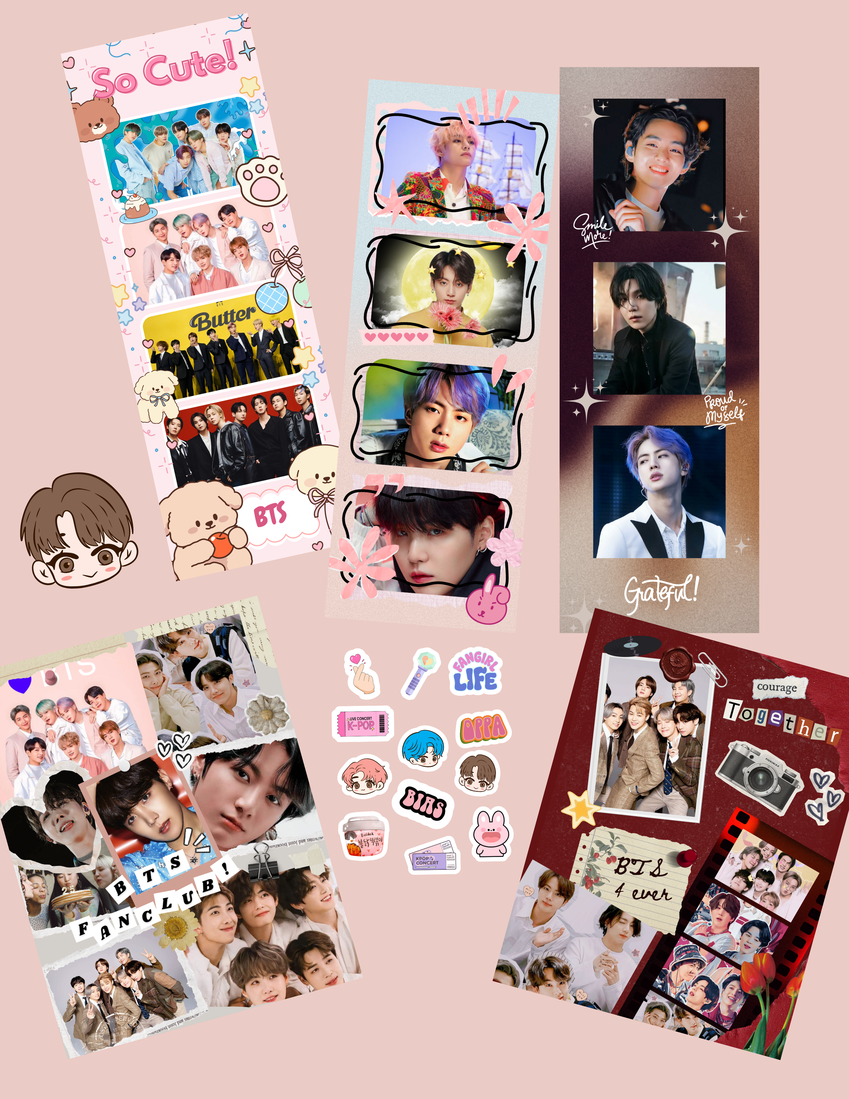 A collage of multiple BTS-themed fan-made posters, photo frames, stickers, and decorative cards arranged on a solid pale pink background. The designs feature group photos of the band, cartoon bear illustrations, and decorative text such as 'So Cute!', 'BTS', 'Gatling!', and 'FANCLOUD'.