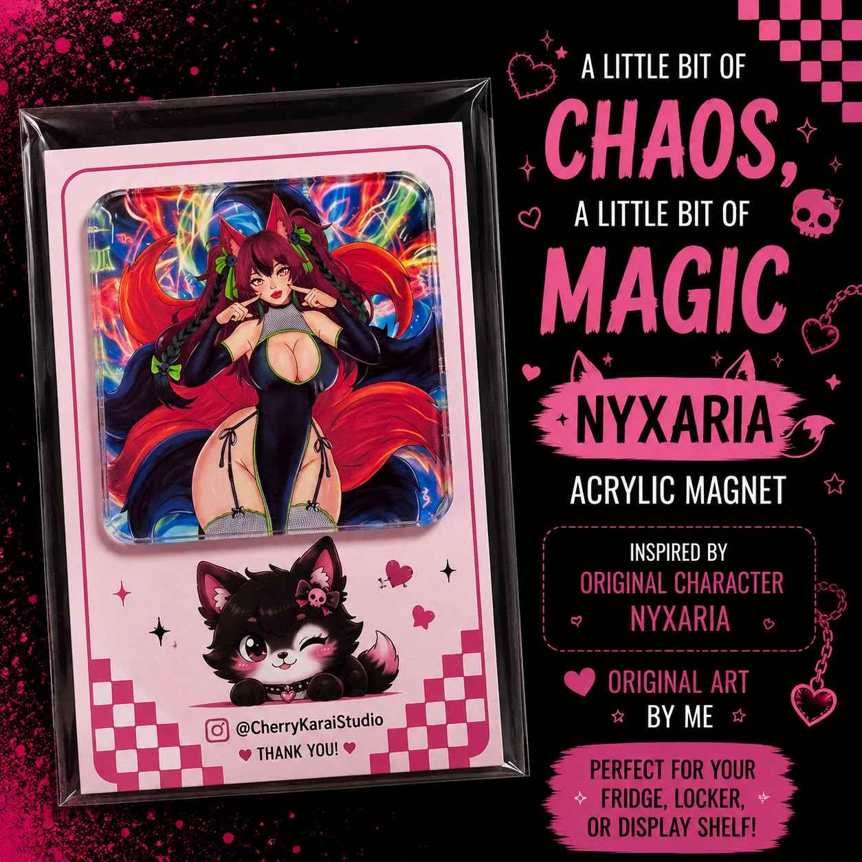 Anime Gothic Kitsune girl Acrylic Magnet l Original Girl art