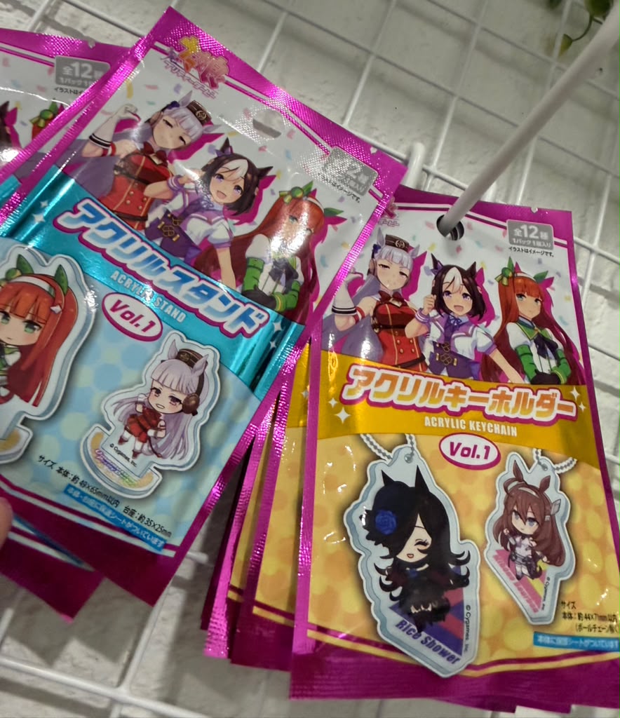 Two packaged acrylic keychain stands from Acrylic Keychain Holder Vol. 1, featuring anime characters, displayed on a white wire grid shelf.
