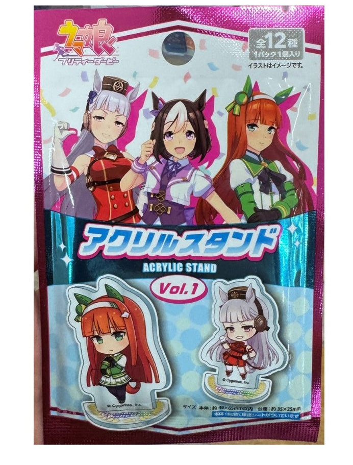 Packaged acrylic stand with anime characters on a pink background